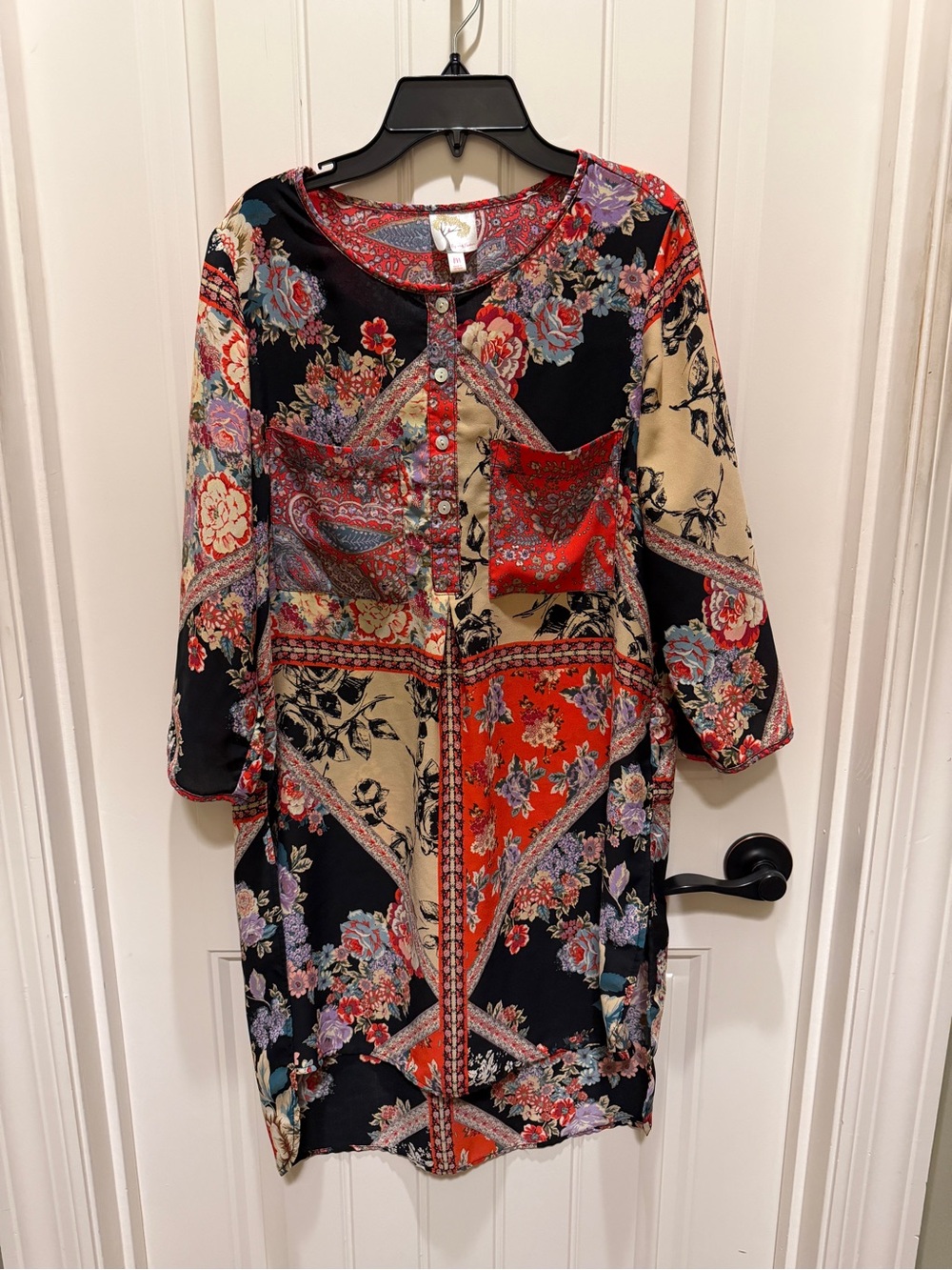 fig and flower Black, Red & Cream Floral Patchwork Tunic Dress